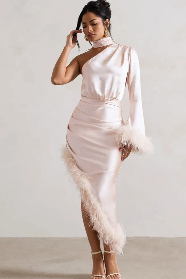 Dolce | Champagne Satin Asymmetric One Sleeve Maxi Dress With Feather Trims