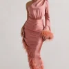 Dolce | Coral Satin Asymmetric One Sleeve Maxi Dress With Feather Trims