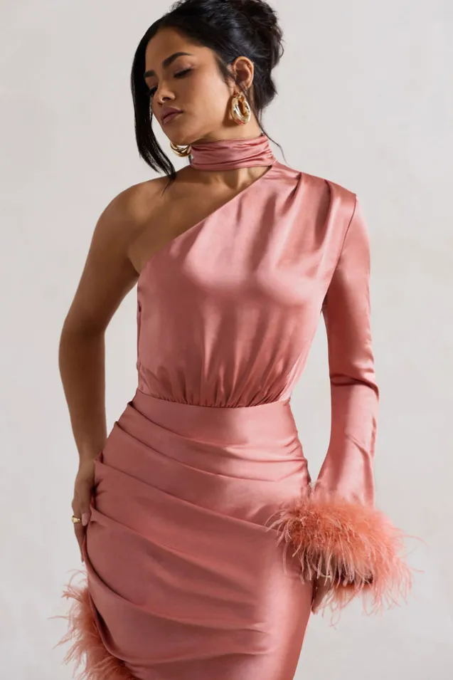 Dolce | Coral Satin Asymmetric One Sleeve Maxi Dress With Feather Trims