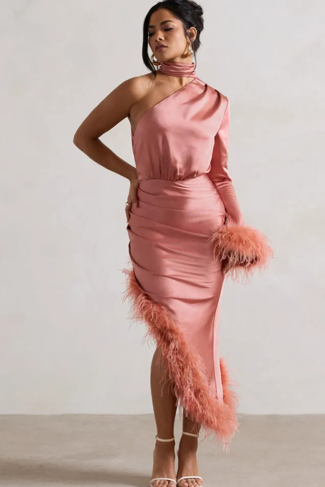 Dolce | Coral Satin Asymmetric One Sleeve Maxi Dress With Feather Trims