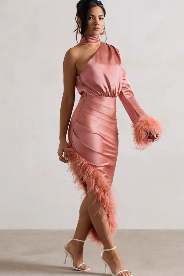 Dolce | Coral Satin Asymmetric One Sleeve Maxi Dress With Feather Trims