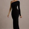 Doll | Black Asymmetric One Sleeve Ruched Maxi Dress