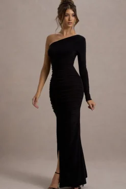 Doll | Black Asymmetric One Sleeve Ruched Maxi Dress