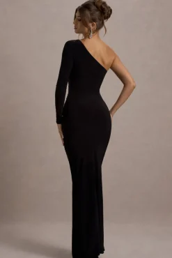 Doll | Black Asymmetric One Sleeve Ruched Maxi Dress