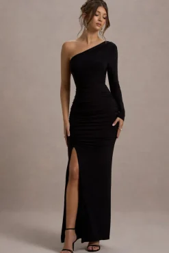 Doll | Black Asymmetric One Sleeve Ruched Maxi Dress