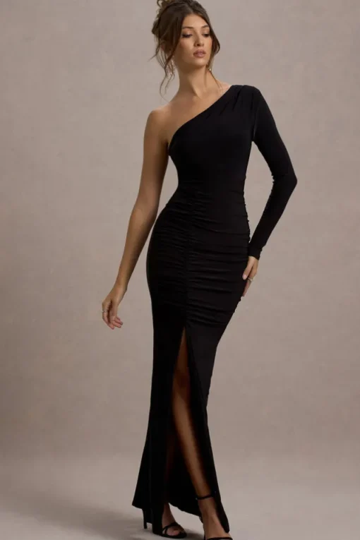 Doll | Black Asymmetric One Sleeve Ruched Maxi Dress