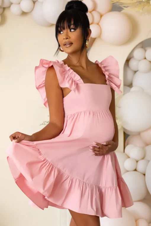 Dolly Daze | Pink Maternity Ruffle Sleeve Babydoll Mini Dress