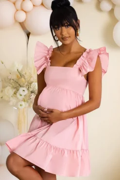 Dolly Daze | Pink Maternity Ruffle Sleeve Babydoll Mini Dress