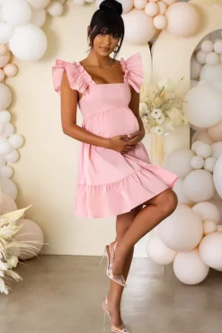 Dolly Daze | Pink Maternity Ruffle Sleeve Babydoll Mini Dress