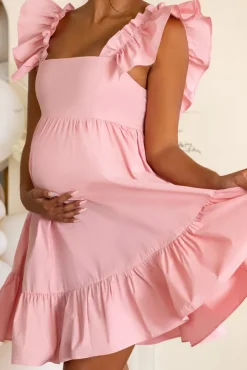 Dolly Daze | Pink Maternity Ruffle Sleeve Babydoll Mini Dress