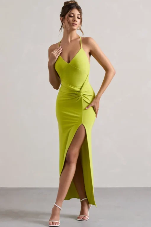 Domenica | Lime Green Halter-Neck Wrap Maxi Dress
