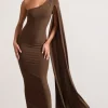 Dominique | Chocolate Brown One Shoulder Cape Sleeve Bodycon Maxi Dress