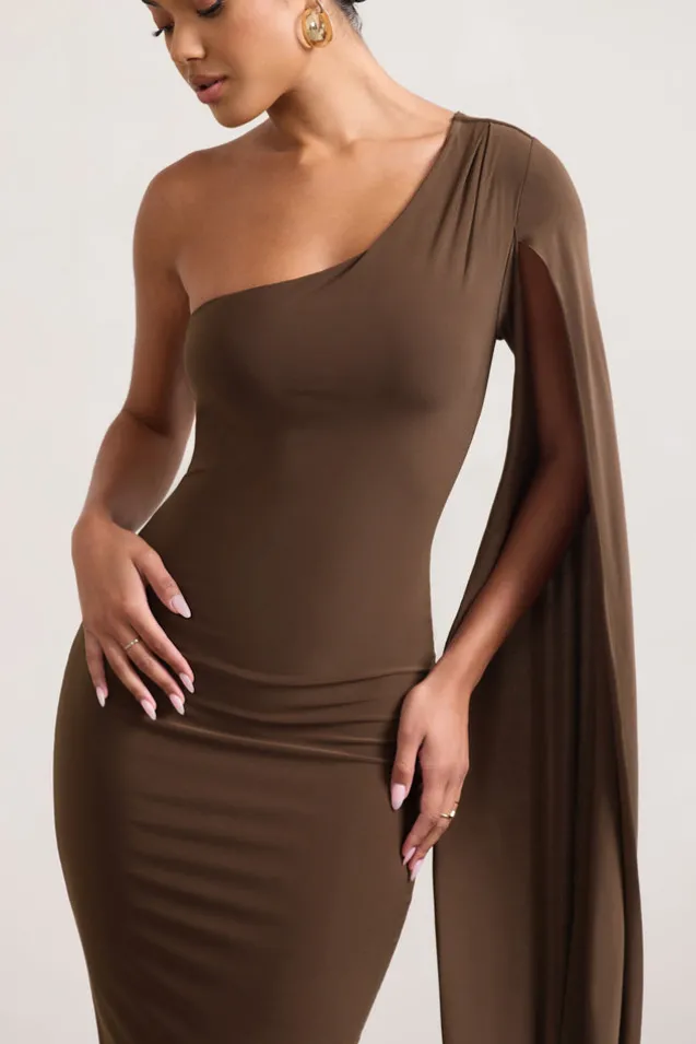 Dominique | Chocolate Brown One Shoulder Cape Sleeve Bodycon Maxi Dress