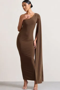 Dominique | Chocolate Brown One Shoulder Cape Sleeve Bodycon Maxi Dress