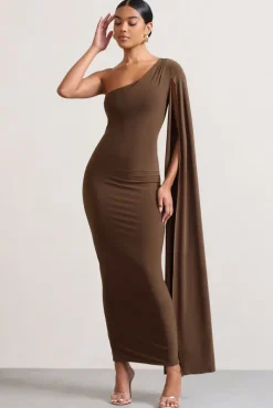 Dominique | Chocolate Brown One Shoulder Cape Sleeve Bodycon Maxi Dress