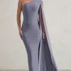 Dominique | Grey One Shoulder Cape Sleeve Bodycon Maxi Dress