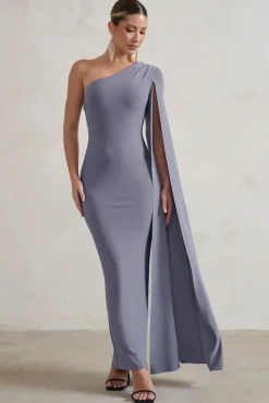 Dominique | Grey One Shoulder Cape Sleeve Bodycon Maxi Dress