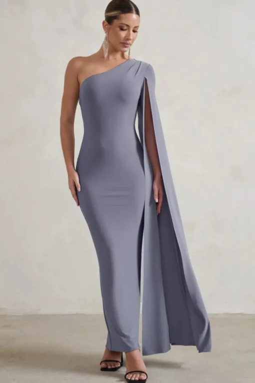Dominique | Grey One Shoulder Cape Sleeve Bodycon Maxi Dress