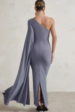 Dominique | Grey One Shoulder Cape Sleeve Bodycon Maxi Dress