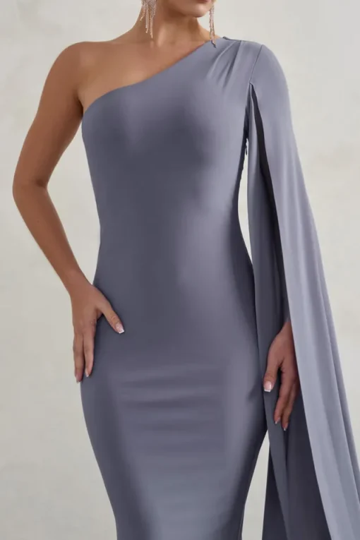 Dominique | Grey One Shoulder Cape Sleeve Bodycon Maxi Dress