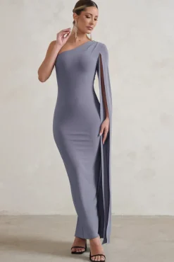 Dominique | Grey One Shoulder Cape Sleeve Bodycon Maxi Dress