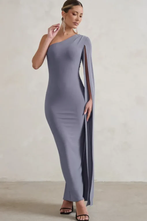 Dominique | Grey One Shoulder Cape Sleeve Bodycon Maxi Dress