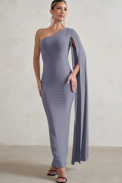 Dominique | Grey One Shoulder Cape Sleeve Bodycon Maxi Dress