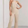 Don't Cross Me | Stone Halter Neck Tailored Buttoned Sleeveless Jumpsuit