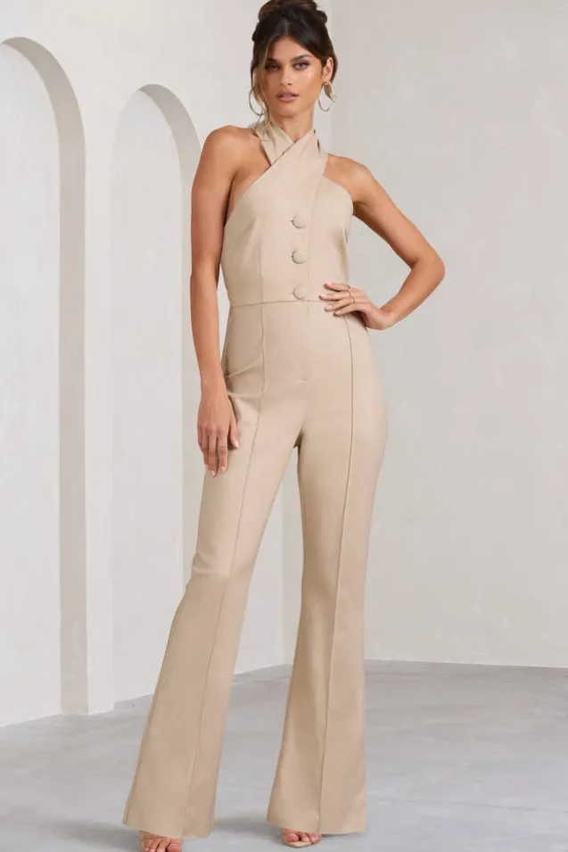 Don't Cross Me | Stone Halter Neck Tailored Buttoned Sleeveless Jumpsuit