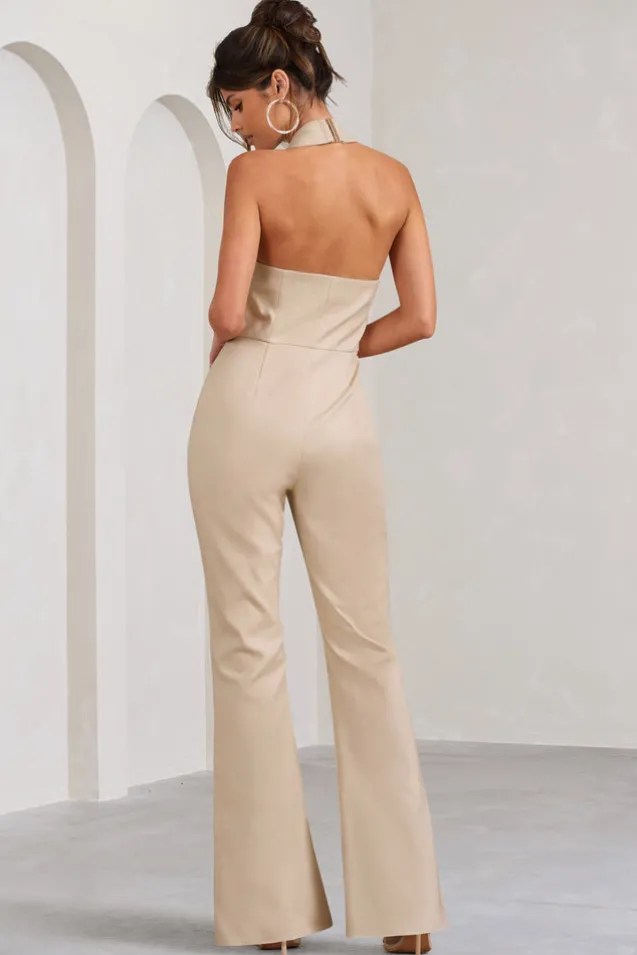Don't Cross Me | Stone Halter Neck Tailored Buttoned Sleeveless Jumpsuit