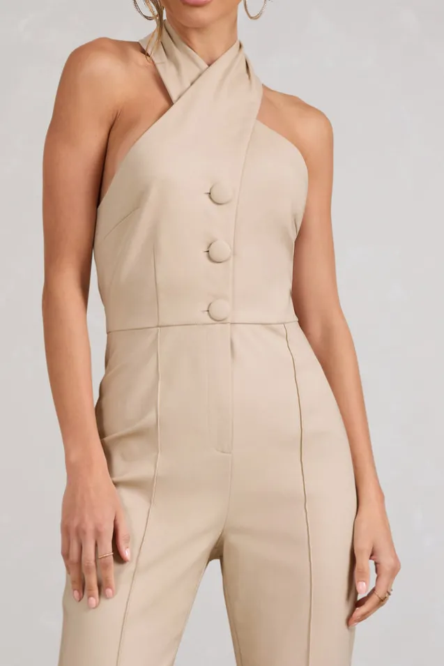 Don't Cross Me | Stone Halter Neck Tailored Buttoned Sleeveless Jumpsuit