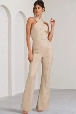 Don't Cross Me | Stone Halter Neck Tailored Buttoned Sleeveless Jumpsuit