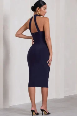 Dora | Navy Halter-Neck Open-Back Maternity Midi Dress