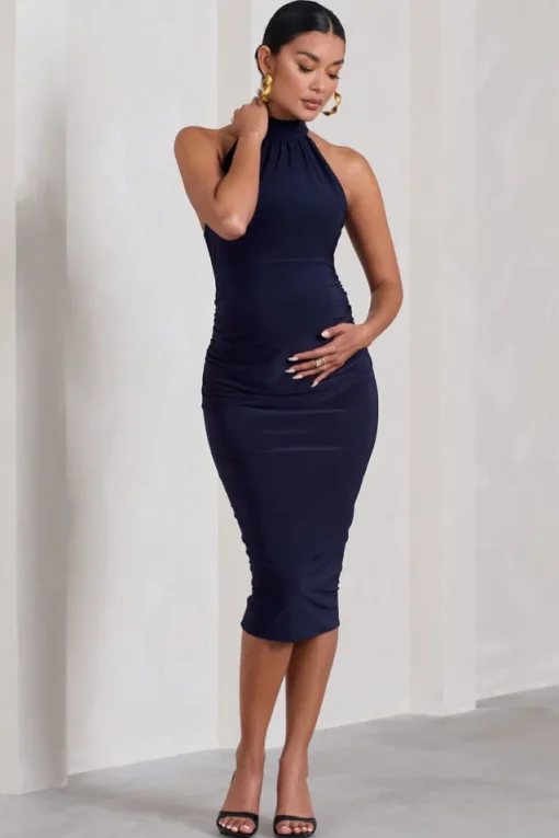 Dora | Navy Halter-Neck Open-Back Maternity Midi Dress