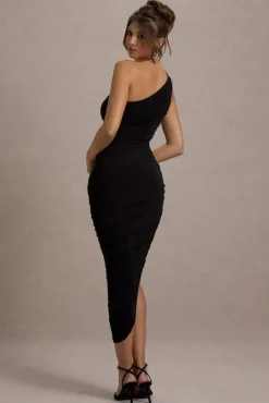 Dorit | Black One Shoulder Asymmetric Ruched Midi Dress