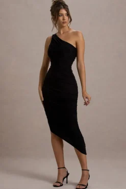 Dorit | Black One Shoulder Asymmetric Ruched Midi Dress