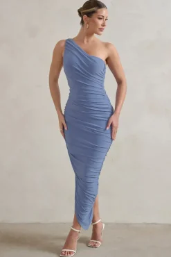 Dorit | Blue One Shoulder Asymmetric Ruched Midi Dress