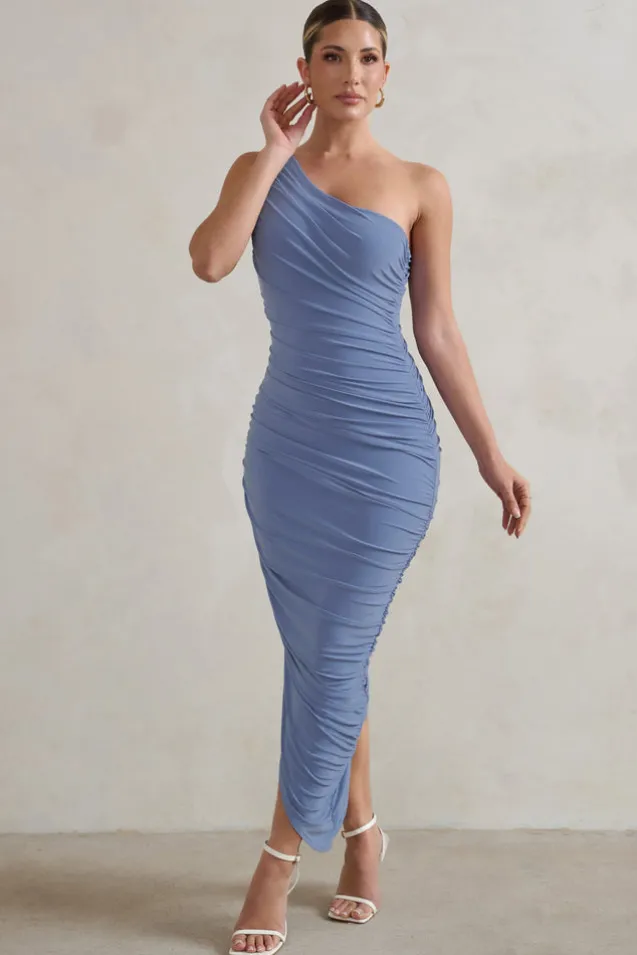 Dorit | Blue One Shoulder Asymmetric Ruched Midi Dress