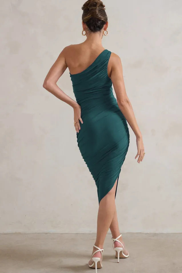 Dorit | Bottle Green One Shoulder Asymmetric Ruched Midi Dress