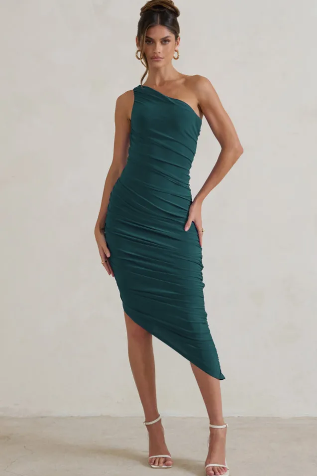 Dorit | Bottle Green One Shoulder Asymmetric Ruched Midi Dress