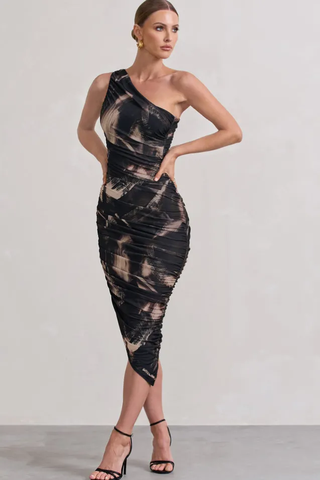 Dorit | Brown Print One Shoulder Asymmetric Ruched Midi Dress