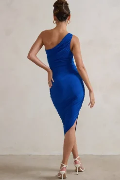 Dorit | Cobalt Blue One Shoulder Asymmetric Ruched Midi Dress