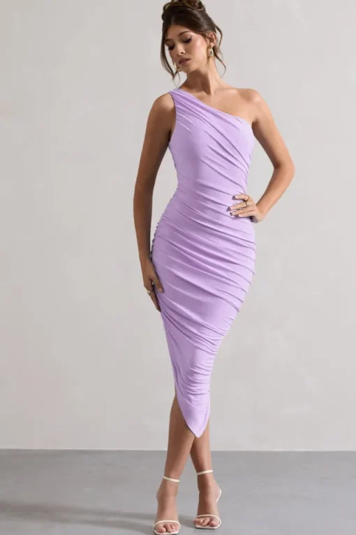 Dorit | Lilac One Shoulder Asymmetric Ruched Midi Dress
