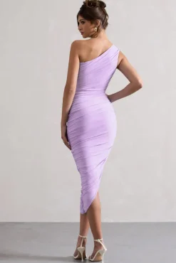 Dorit | Lilac One Shoulder Asymmetric Ruched Midi Dress