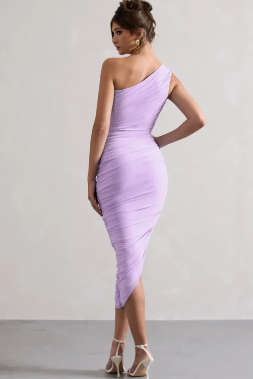 Dorit | Lilac One Shoulder Asymmetric Ruched Midi Dress
