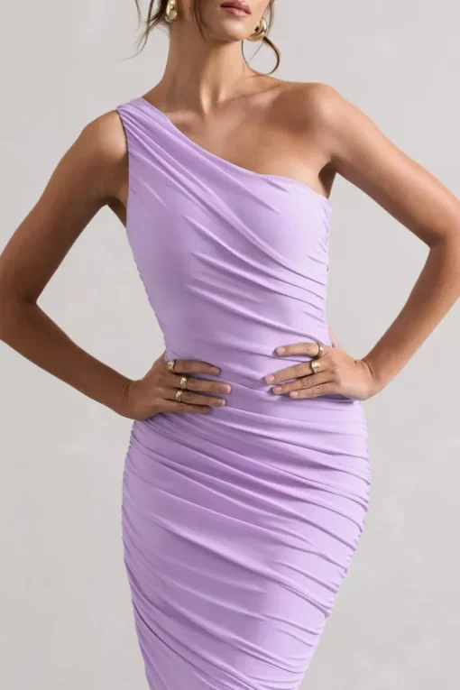 Dorit | Lilac One Shoulder Asymmetric Ruched Midi Dress