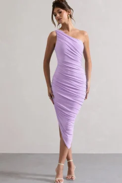Dorit | Lilac One Shoulder Asymmetric Ruched Midi Dress