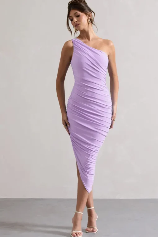 Dorit | Lilac One Shoulder Asymmetric Ruched Midi Dress