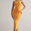 Dorit | Mango One Shoulder Asymmetric Ruched Midi Dress