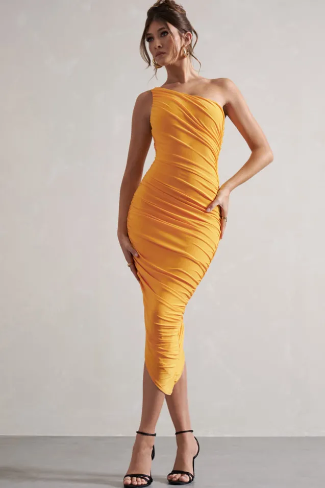 Dorit | Mango One Shoulder Asymmetric Ruched Midi Dress